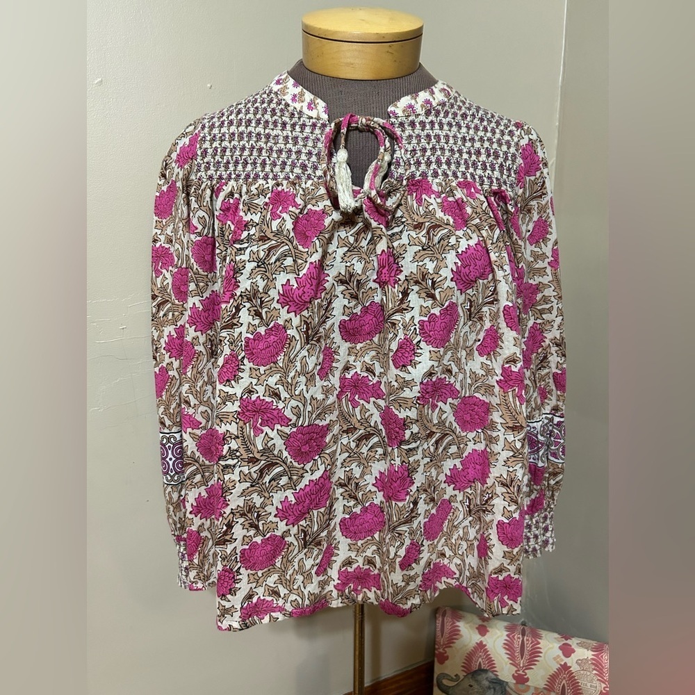 Rachel Zoe Floral Cotton Peasant‎ Boho Smocked Long Sleeve Tassel Tie Top